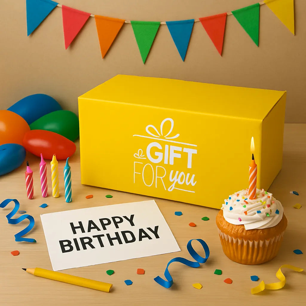 Gele cadeaudoos met de tekst ‘A gift for you’, naast een cupcake met kaarsje, verjaardagskaarsjes, ballonnen en een kaartje met ‘Happy Birthday’.