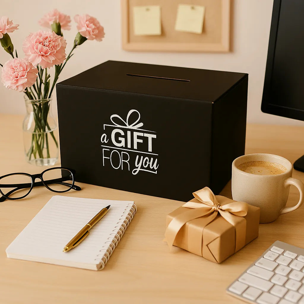 A gift for you’ op een bureau, naast een gouden geschenkdoos, een kop koffie, bloemen en schrijfwaren.