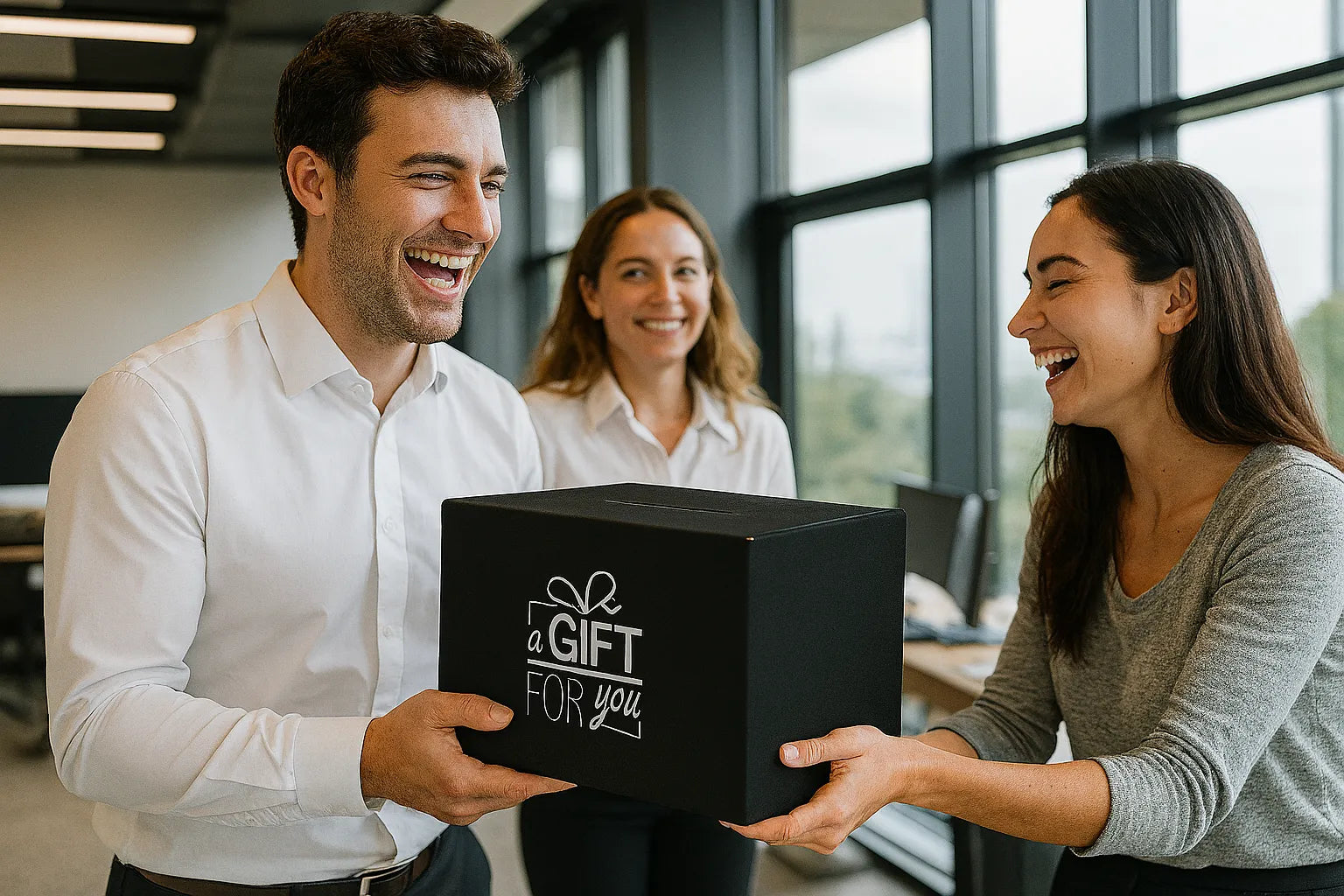 Man en vrouw lachen terwijl een zwarte cadeaudoos met de tekst ‘A gift for you’ wordt overhandigd op kantoor, met een collega op de achtergrond.