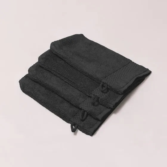 Luxe antraciet Florence washandjes (4 stuks) van 100% GOTS-katoen, 600 g/m², hoge kwaliteit, zacht en absorberend.