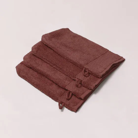 Luxe bordeaux Florence washandjes (4 stuks) van 100% GOTS-katoen, 600 g/m², hoge kwaliteit, zacht en absorberend.