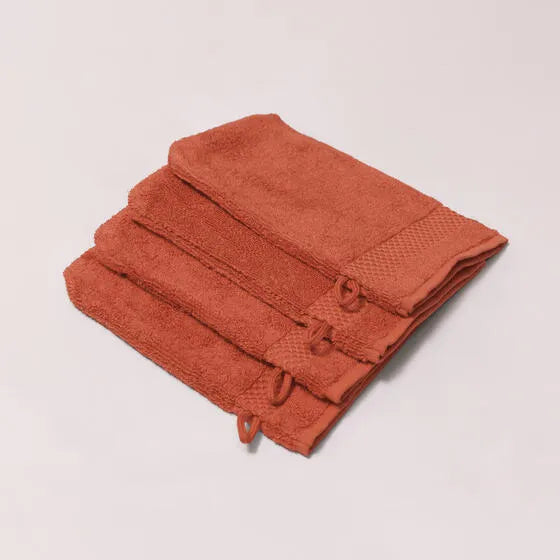 Luxe koraal Florence washandjes (4 stuks) van 100% GOTS-katoen, 600 g/m², hoge kwaliteit, zacht en absorberend.