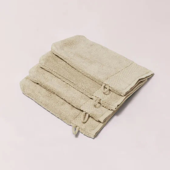 Luxe latte Florence washandjes (4 stuks) van 100% GOTS-katoen, 600 g/m², hoge kwaliteit, zacht en absorberend.