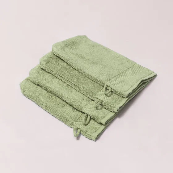Luxe lichtgroen Florence washandjes (4 stuks) van 100% GOTS-katoen, 600 g/m², hoge kwaliteit, zacht en absorberend.