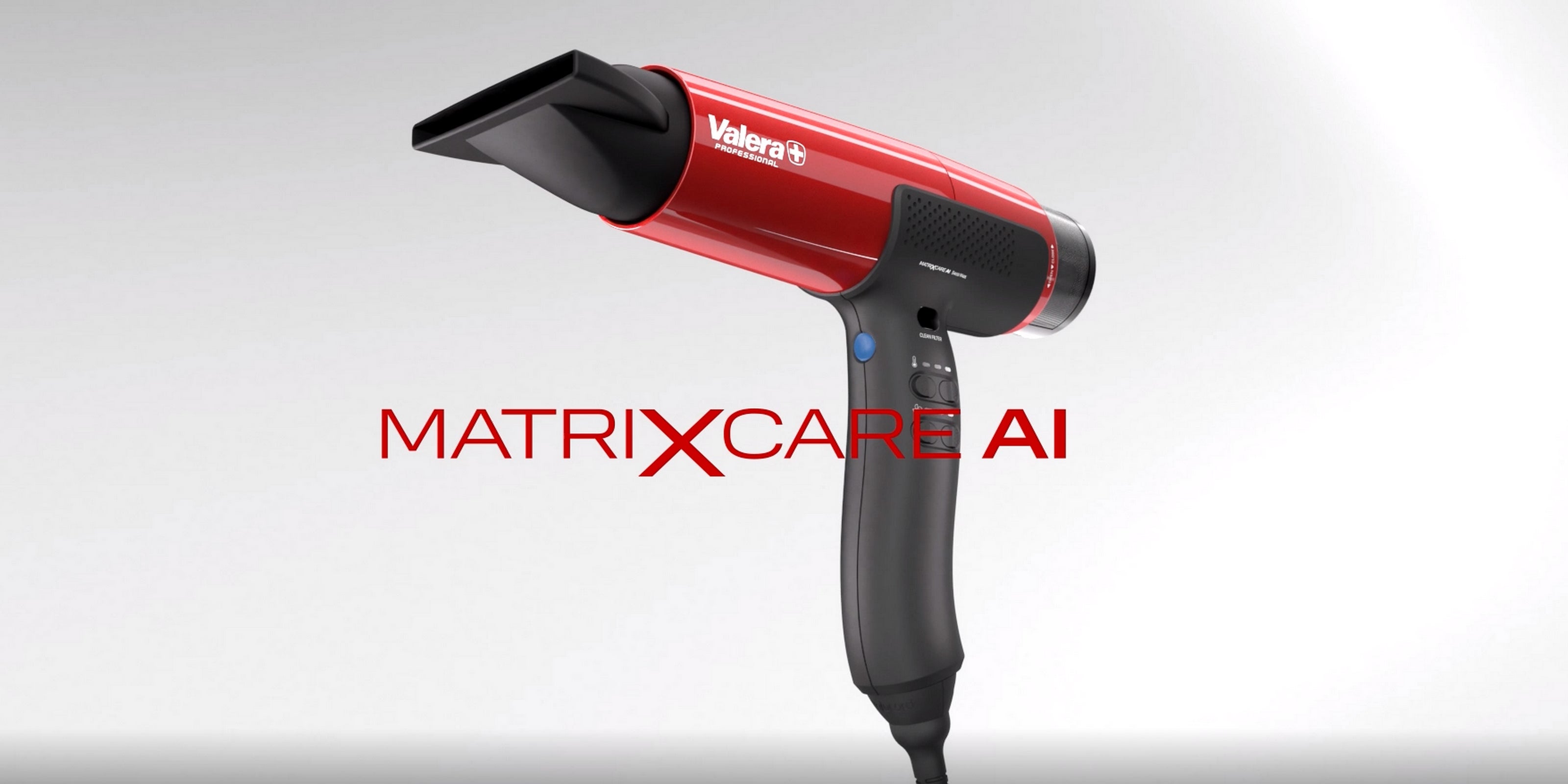 Rode Valera MatrixCare AI professionele föhn, prominent weergegeven tegen een lichte achtergrond, met het MatrixCare AI-logo in rood op de voorgrond.