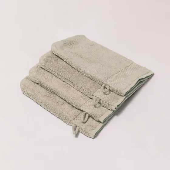 Luxe greige Florence washandjes (4 stuks) van 100% GOTS-katoen, 600 g/m², hoge kwaliteit, zacht en absorberend.