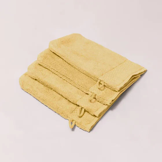 Luxe oker Florence washandjes (4 stuks) van 100% GOTS-katoen, 600 g/m², hoge kwaliteit, zacht en absorberend.