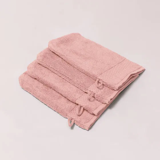 Luxe oudroze Florence washandjes (4 stuks) van 100% GOTS-katoen, 600 g/m², hoge kwaliteit, zacht en absorberend.